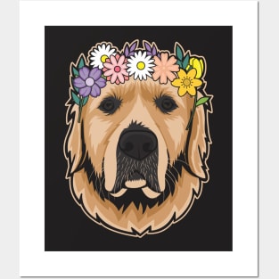 Golden Retriever Wearing A Flower Crown Posters and Art